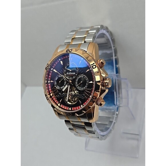 Glenaw Automatic Open Heart Two Tone Stainless Steel 45mm 3ATM Watch Day Date WR - Picture 2 of 11